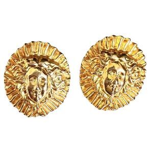Vintage French Sun King Earrings 3d Clip On Gold Tone Sun Face Sunshine 4723